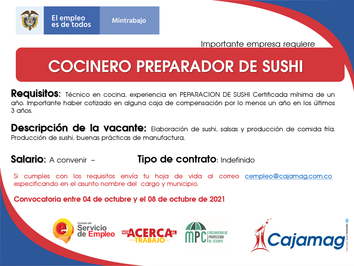 CONVOCATORIA CENTRO DE EMPLEO - COCINERO PREPARADOR DE SUSHI - Cajamag